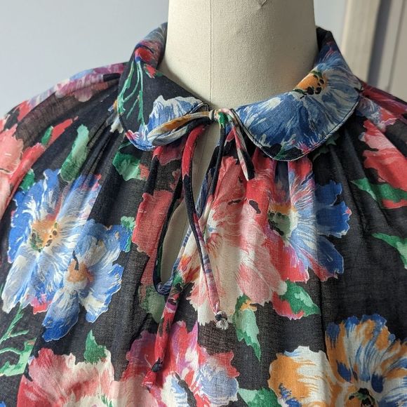 Floral gauzy vintage tie neck peter pan collar blouse M - Picture 6 of 15